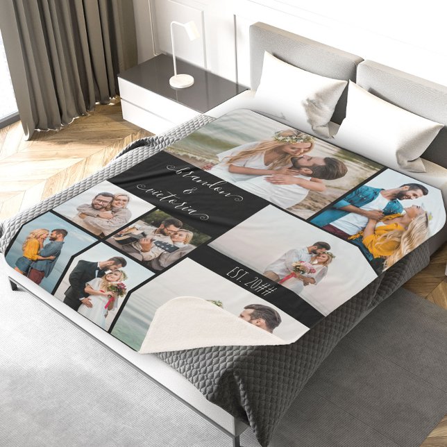 Modern 8 Photo Collage Elegant Script Custom Black Sherpa Blanket (Creator Uploaded)