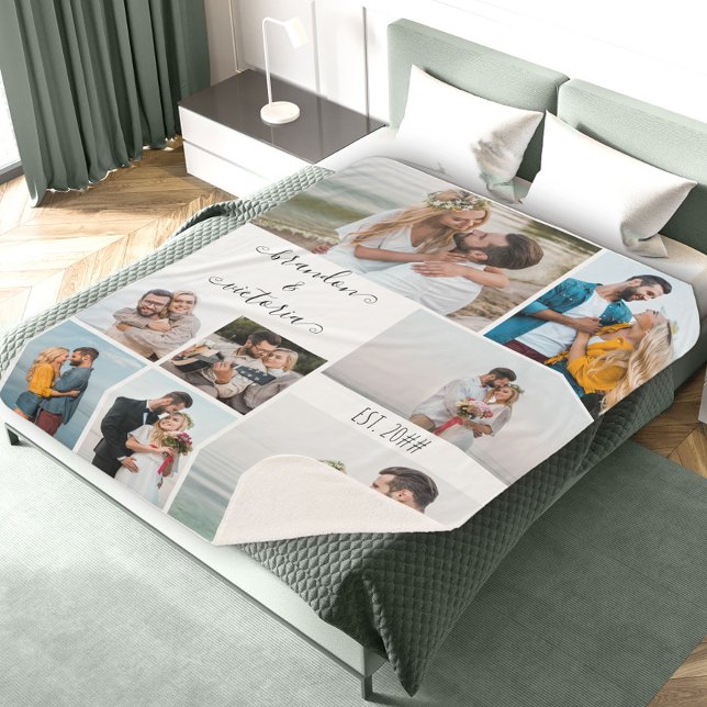 Modern 8 Photo Collage Elegant Script Personalized Sherpa Blanket (Creator Uploaded)