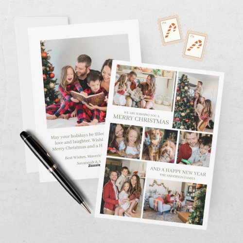 Modern 8 Photo Collage Green Christmas Holiday Card