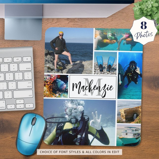 Modern 8 Photo Collage Monogram Name Custom Mouse Pad (Creator Uploaded)