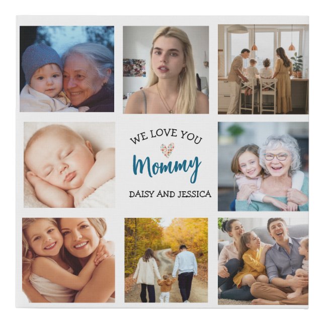 Modern  8 Photo Collage  Mother's Day & Heart Faux Canvas Print (Front)