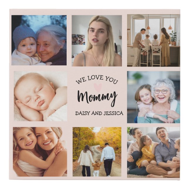 Modern  8 Photo Collage  Mother's Day & Heart Faux Canvas Print (Front)