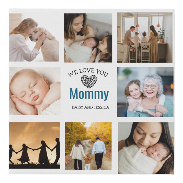 Modern  8 Photo Collage  Mother's Day & Heart Faux Canvas Print (Front)