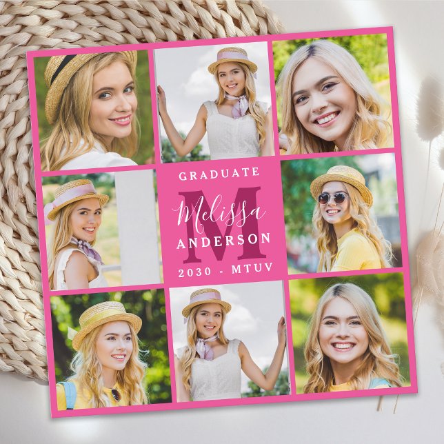 Modern 8 Photo Collage Pink Graduation Invitation (Creator Uploaded)