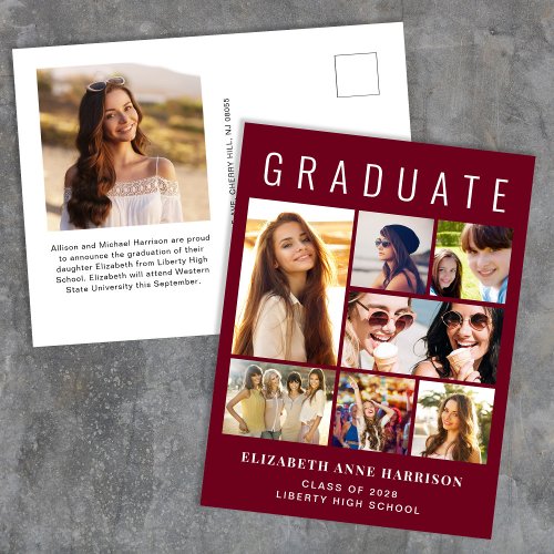 Modern 8 Photo Graduation Burgundy Announcement Postcard