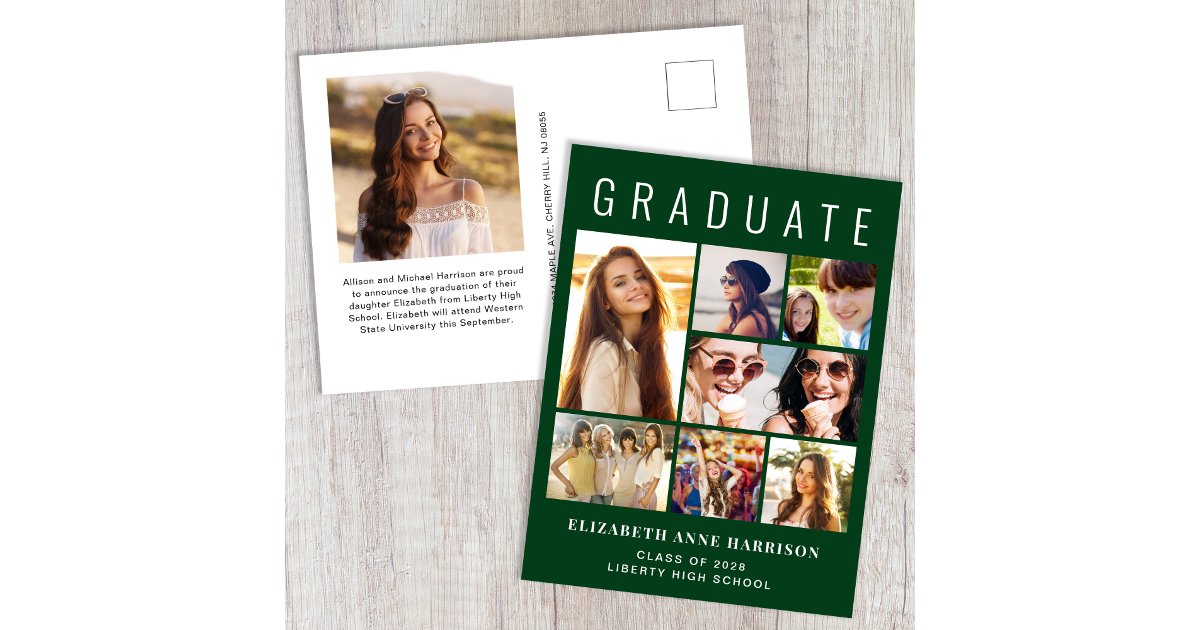 Modern 8 Photo Green Graduation Announcement Postcard