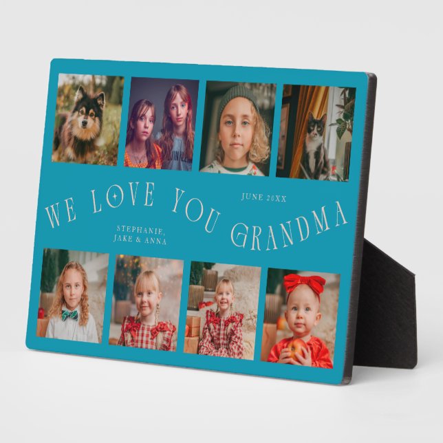 Modern 8 Photo Grid Love You Grandma Aqua Blue Plaque (Side)