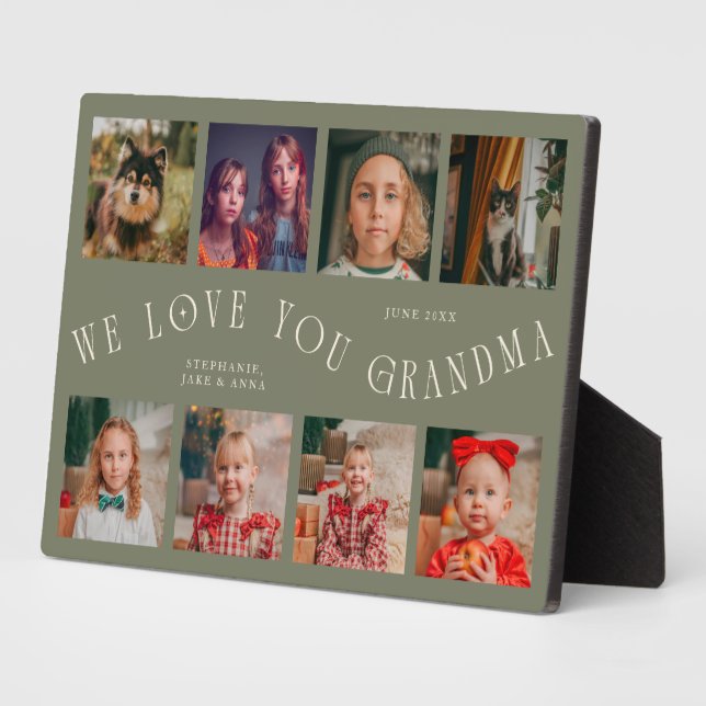 Modern 8 Photo Grid Love You Grandma Sage Green Plaque (Side)