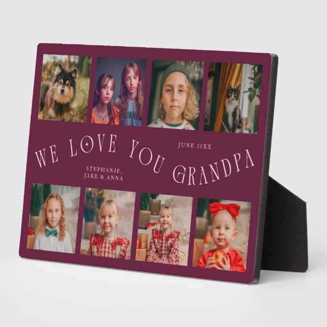 Modern 8 Photo Grid Love You Grandpa Cranberry Plaque (Side)