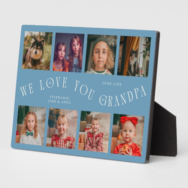 Modern 8 Photo Grid Love You Grandpa Denim Blue Plaque (Side)