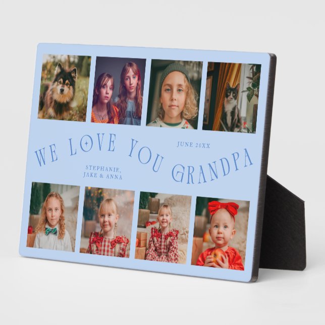 Modern 8 Photo Grid Love You Grandpa Icy Blue Plaque (Side)