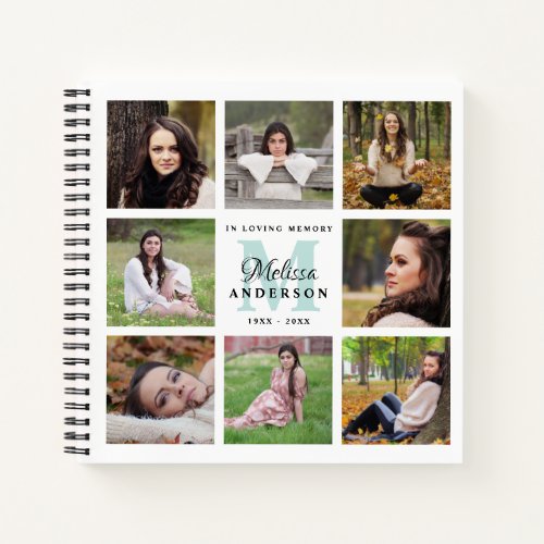 Modern 8 Photo Loving Memory Memorial GuestBook Notebook - Modern 8 Photo Funeral Guest Book. This funeral guest book features a unique photo collage for 8 of your favorite photos, monogram initial elegant name, and dates, on a modern white design. This memorial guest book is perfect keepsake for memorial service, celebration of life and funeral . COPYRIGHT © 2020 Judy Burrows, Black Dog Art - All Rights Reserved. Modern 8 Photo Loving Memory Memorial Guest Book 