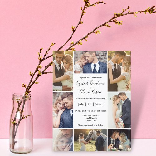 modern 8 photos collage minimalist wedding  invitation