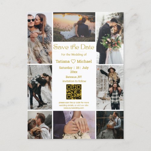 modern 8 photos collage qr code save the date gold announcement postcard