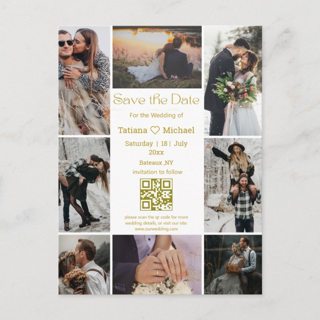 modern 8 photos collage qr code save the date gold announcement postcard (Front)