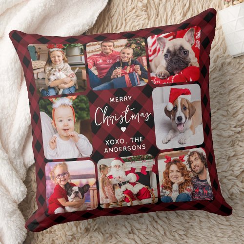 Modern 8 Photos Personalized Holiday Red Plaid Throw Pillow