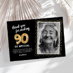 Modern 90th Adult Birthday Photo Thank You Card<br><div class="desc">Elegant ninetieth birthday party thank you cards featuring a stylish black background that can be changed to any color,  a photo of the birthday girl / boy,  gold sparkly glitter,  ninety gold hellium balloons,  and a modern thank you template that is easy to personalize.</div>
