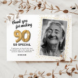 Modern 90th Adult Birthday Photo Thank You Card<br><div class="desc">Elegant ninetieth birthday party thank you cards featuring a simple white background that can be changed to any color,  a photo of the birthday girl / boy,  gold sparkly glitter,  ninety gold hellium balloons,  and a modern thank you template that is easy to personalize.</div>