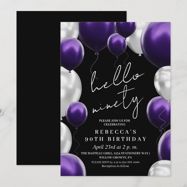 Modern 90th Birthday Black Silver Purple Balloons  Invitation (Front/Back)