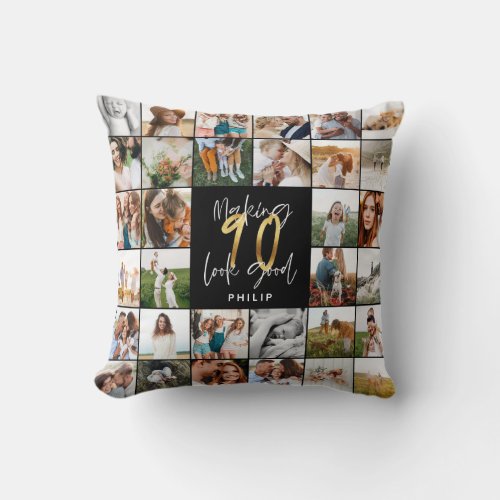 Modern 90th birthday multi photo script gift throw pillow
