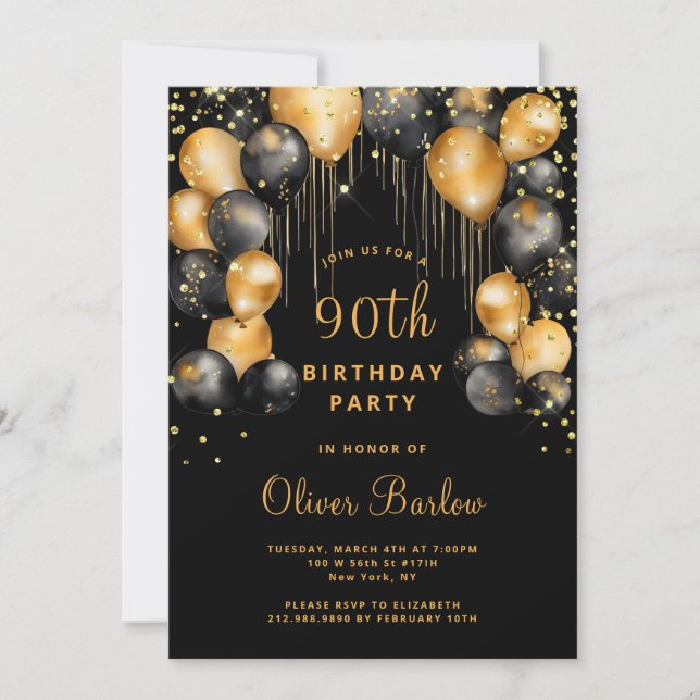 Modern 90th Birthday Party Black Gold  Invitation (Front)