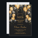 Modern 90th Birthday Party Black Gold  Invitation<br><div class="desc">Celebrate this milestone birthday with a modern sophisticated invitation! Featuring a black background adorned with shimmering gold balloons,  and sparkling gold glitter confetti. Personalize with your event details. Available in print,  as a digital download,  or both! You can add rounded corners for an extra touch of elegance.</div>