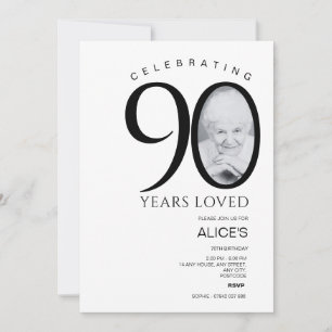 Modern 90th Birthday with Photo in Number, Minimal Invitation