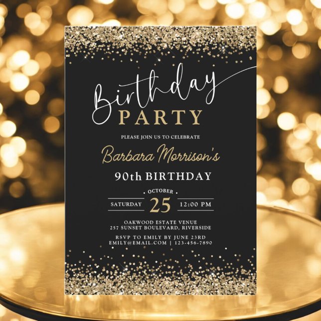 Modern 90th Black Gold Glitter Birthday Any Age Invitation (Creator Uploaded)