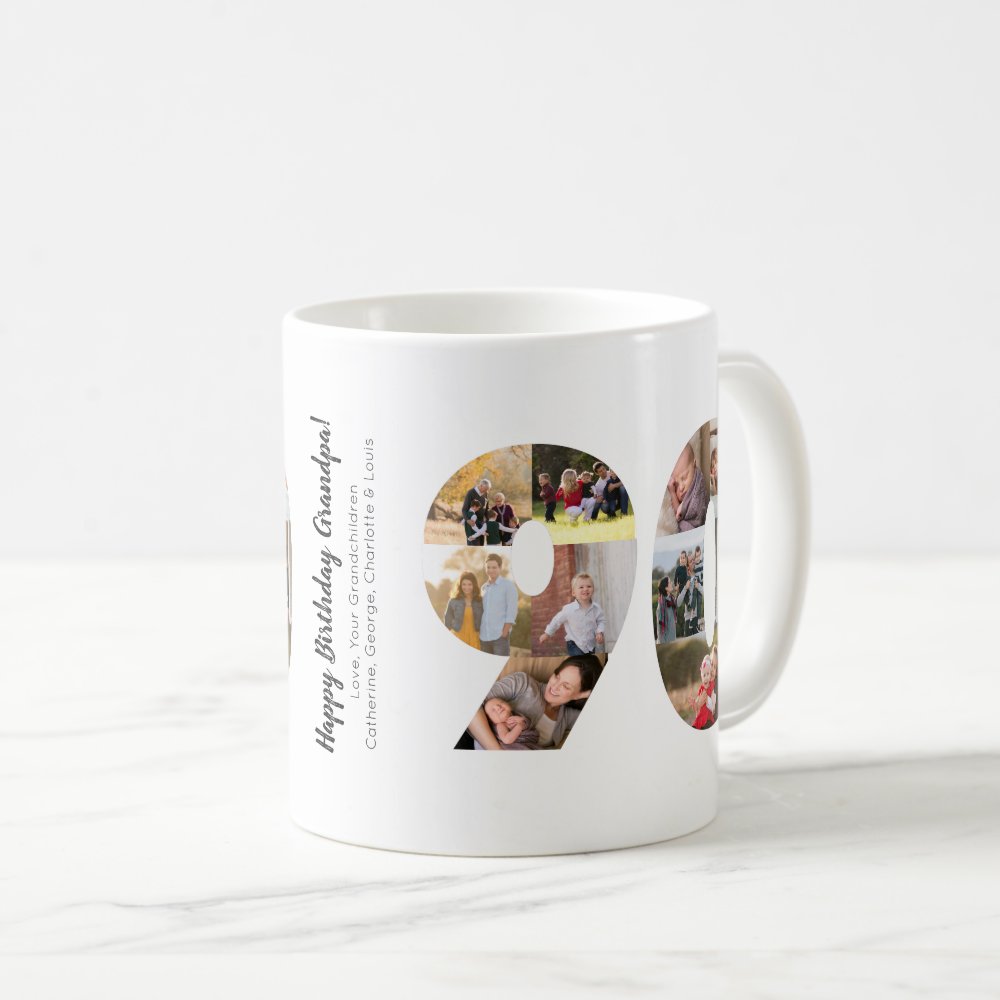 Modern 90th Number Photo Collage Custom Greeting Coffee Mug