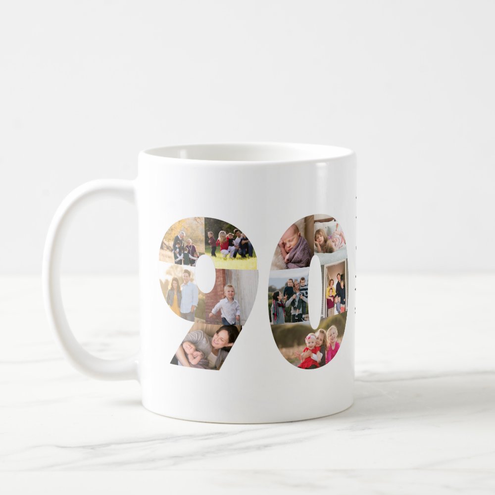 Modern 90th Number Photo Collage Custom Greeting Coffee Mug