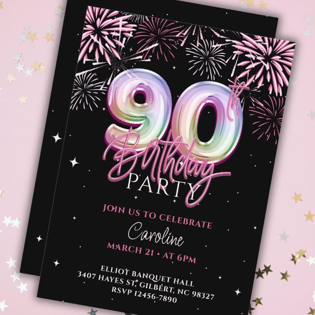 Modern 90th Pink Foil Balloon Fireworks Birthday Invitation (Creator Uploaded)