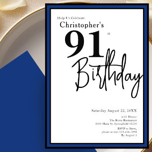Modern 91st Birthday Invitation Elegant Black Blue