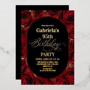 Modern 95th Birthday Elegant Red Gold Floral Foil Invitation