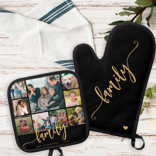 Modern 9 photo collage family gold script black oven mitt & pot holder set (Creator Uploaded)
