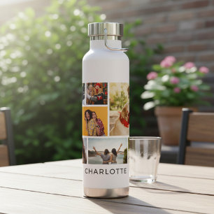 Modern 9 Photo Collage Personalized Name Water Bottle