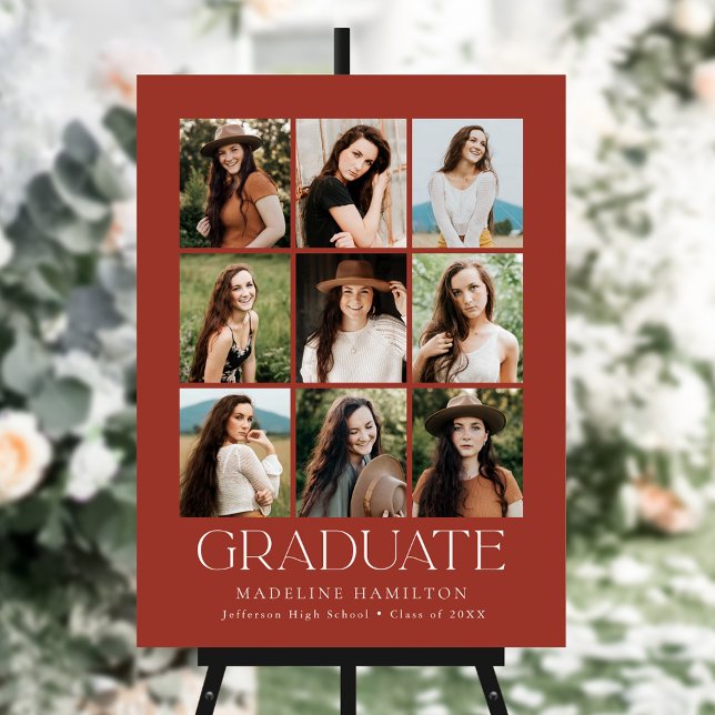 Modern 9 Photo Collage Rust Graduation Party Sign (Creator Uploaded)