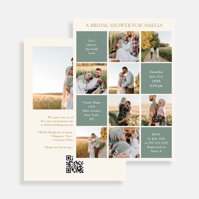 Modern 9 Photo Collage Sage Green Bridal Shower Invitation (Creator Uploaded)