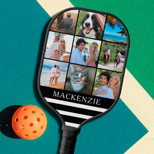 Modern 9 Photo Collage Stripes Name Custom Color Pickleball Paddle