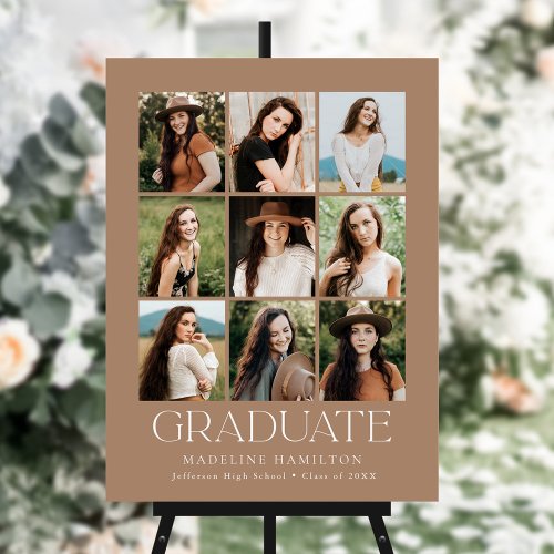 Modern 9 Photo Collage Tan Graduation Party Sign