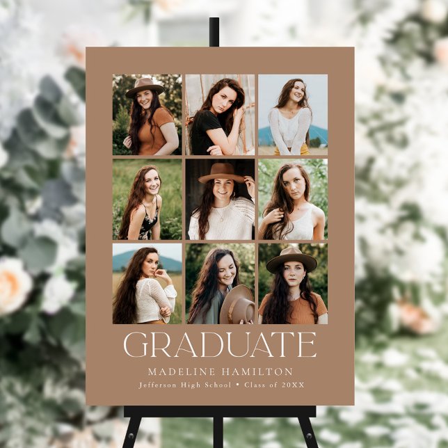 Modern 9 Photo Collage Tan Graduation Party Sign (Creator Uploaded)