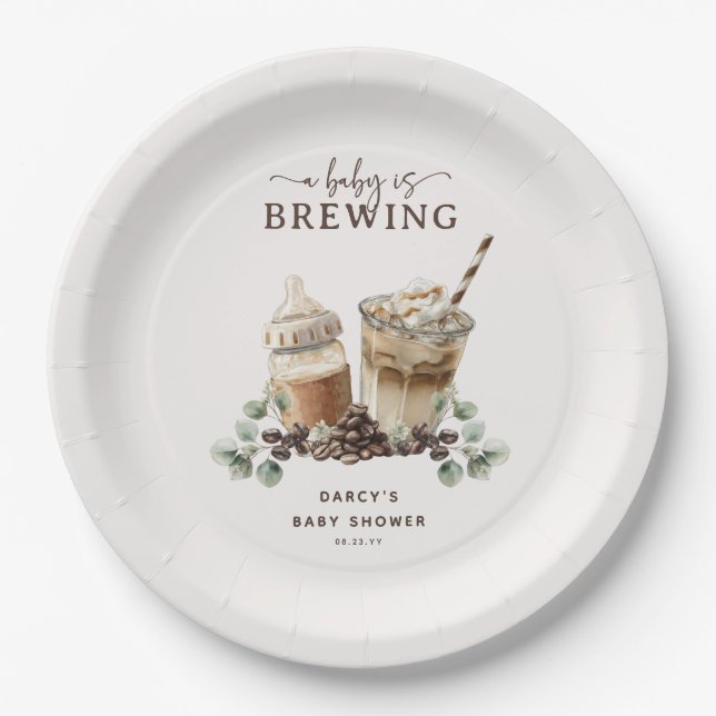 Modern 'a Baby is Brewing' Coffee Baby Shower Paper Plates (Front)