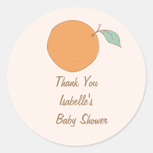 Modern A Little Cutie Orange Baby Shower Thank You Classic Round Sticker (Front)