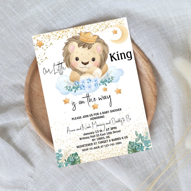  modern a little king moon and stars baby shower invitation (our little king is on the way baby shower boy jungle safari stars gold sparkle blue greenery )