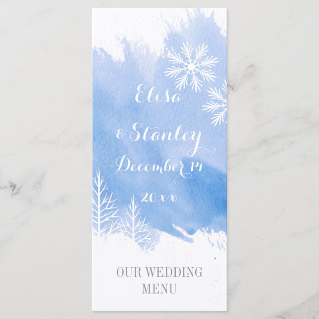 Modern abstrac watercolor splash blue wedding menu (Front)