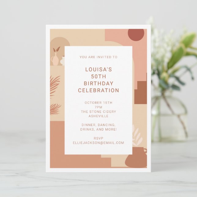 Modern Abstract 50th Birthday Earthy Geometric  Invitation (Standing Front)