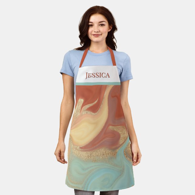 Modern Abstract Alcohol Ink Aqua & Gold Monogram Apron (Worn)