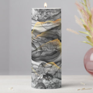 Modern Abstract Alcohol Ink Black Gray Gold Pillar Candle