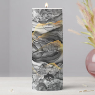Modern Abstract Alcohol Ink Black Gray Gold Pillar Candle