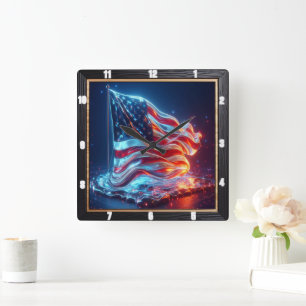 Modern Abstract American Flag Square Wall Clock