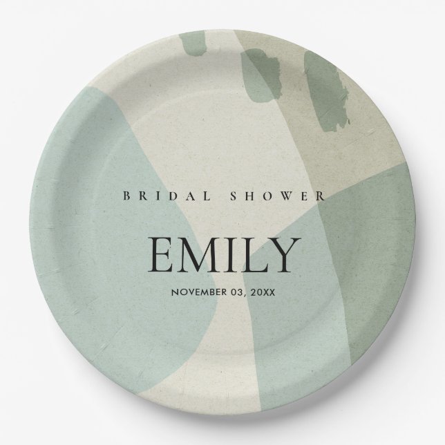 MODERN ABSTRACT AQUA BLUE ARTISTIC BRIDAL SHOWER PAPER PLATES (Front)